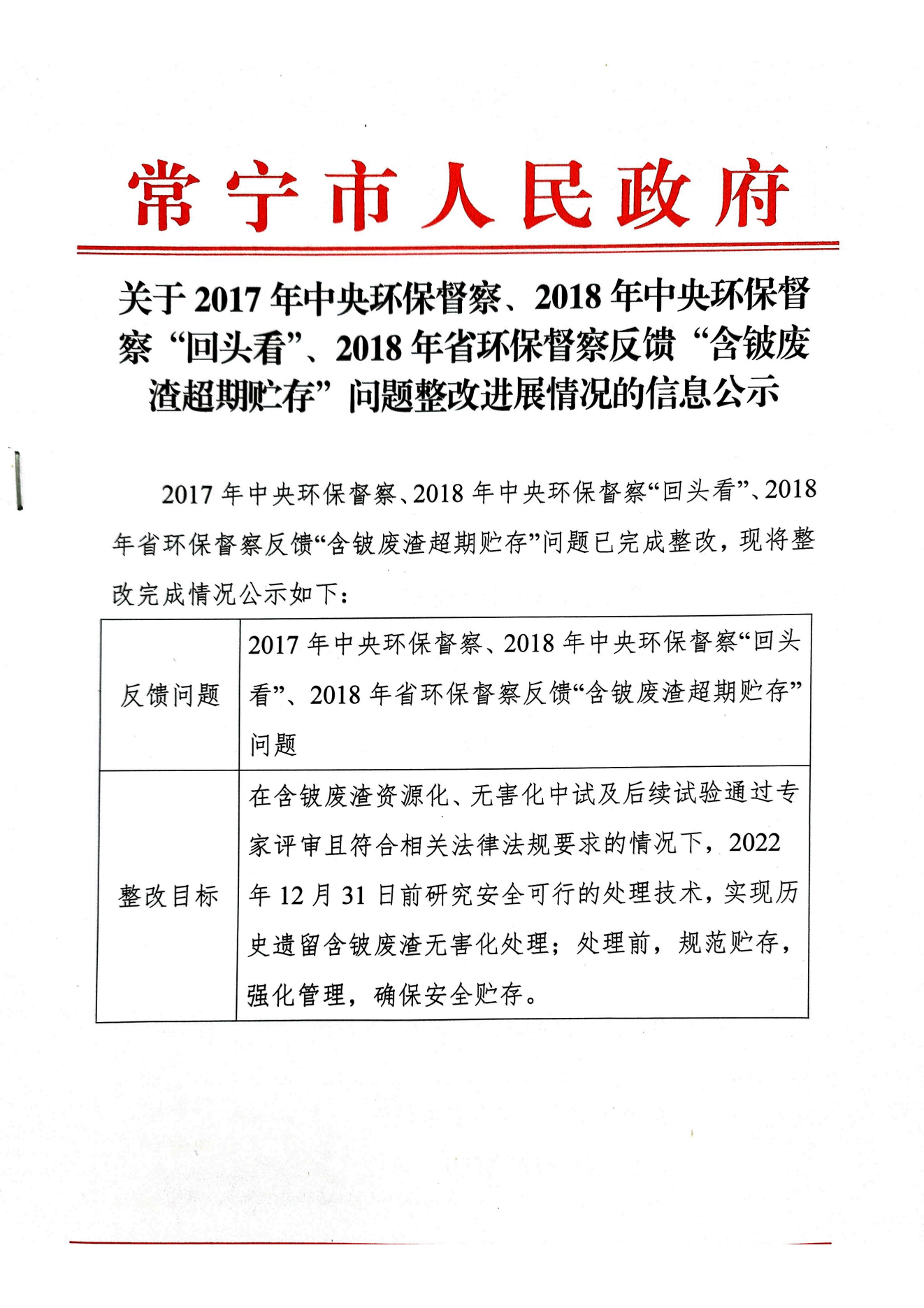 常宁市人民政府关于2017年中央环保督察、2018年中央环保督察“回头看”、2018年省环保督察反馈“含铍废渣超期贮存”问题整改进展情况的信息公示